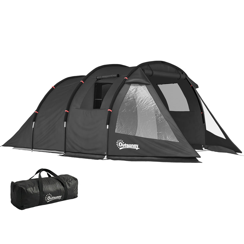 Outsunny 3-4 Man Tunnel Tent, Two Room Camping Tent with Windows, Portable Carry Bag, for Fishing, Hiking, Sports, Festival - Black