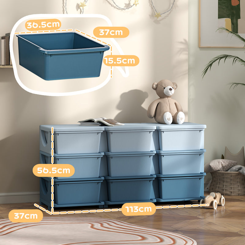 Kids Storage Organiser Unit with 9 Removable Bins for Toys and Clothes Blue