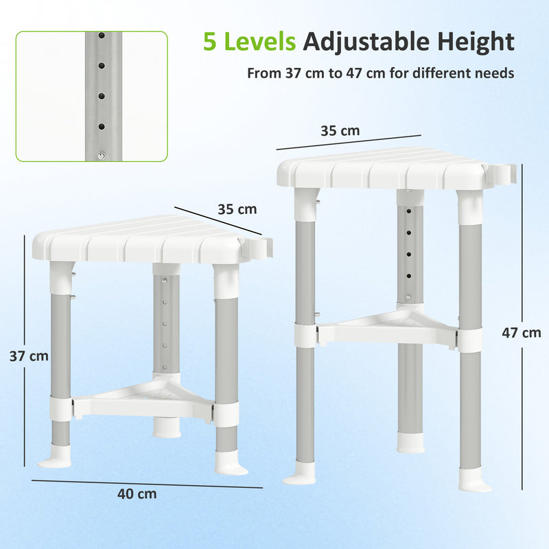 Corner Shower Stool with Adjustable Height and Storage Shelf for Compact Bathrooms White