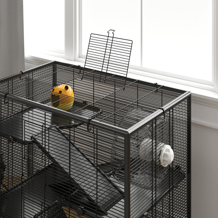 4 Tier Hamster Cage with Deep Glass Base Hut Wheel Food Dish and Water Bottle by PawHut