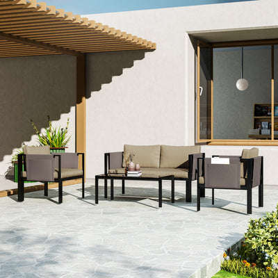 4 Piece Metal Garden Furniture Set with Glass Table and Cushions Khaki by Outsunny
