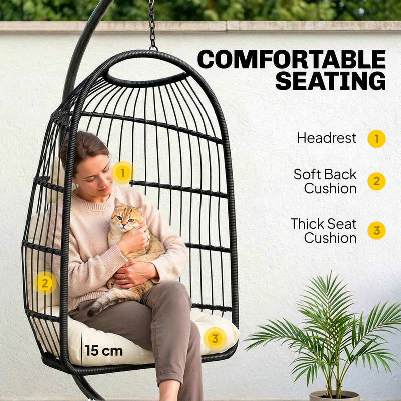 Hanging Egg Chair with Stand for Comfortable Outdoor Relaxation Foldable Basket Black Cream White Outsunny