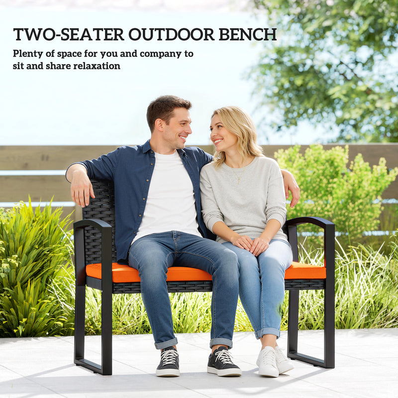 Rattan Garden Bench for Two with Padded Cushion and Steel Frame Black Outsunny
