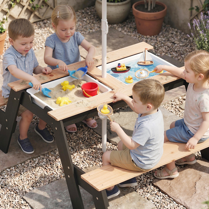Kids Outdoor Table and Bench Set with Hidden Storage and Parasol for Tidy Garden Play Natural Wood Aiyaplay