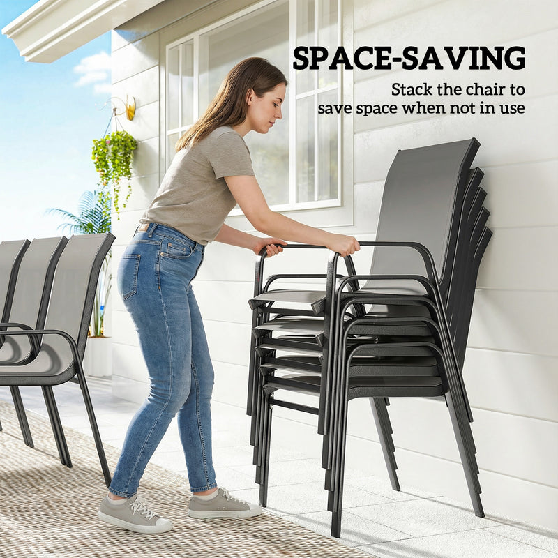 8 Seater Garden Dining Set with Large Rectangular Black Glass Table and Weatherproof Stackable Chairs Outsunny