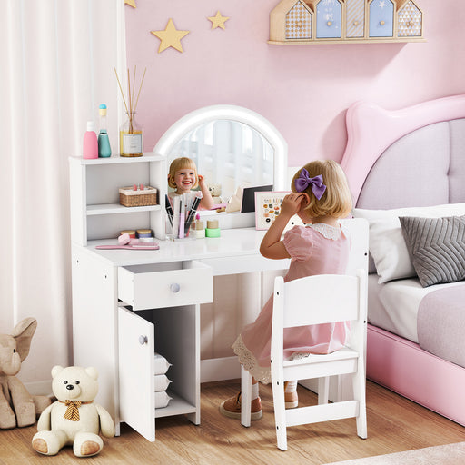 Kids Vanity Table Set with LED Mirror Storage Shelves and Chair for Girls Bedroom White