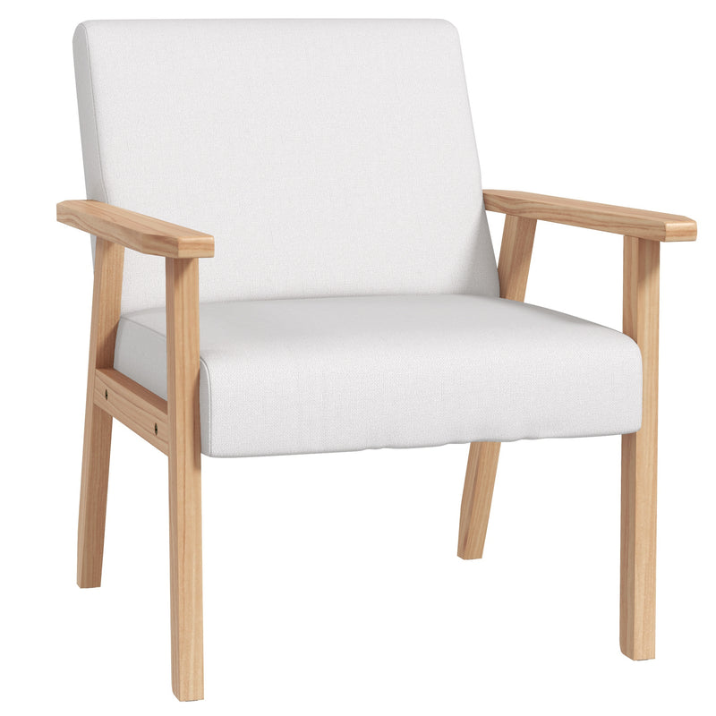 Accent Armchair with Wide Wooden Frame and Thick Linen Seat for Home or Office Cream White