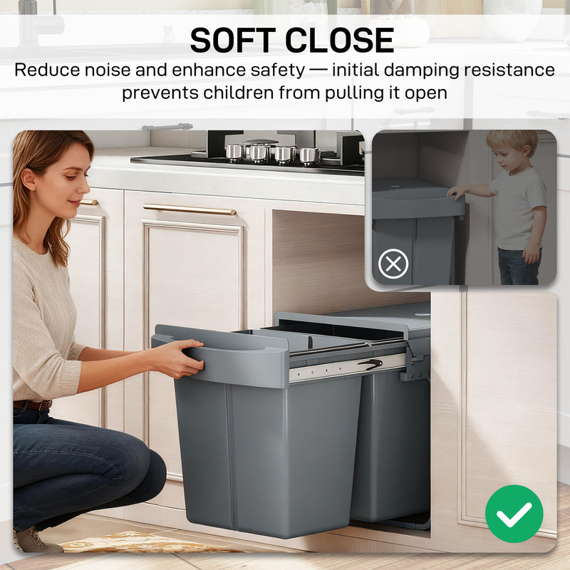 Pull Out Under Sink Kitchen Bin with Dual Compartments for Easy Waste and Recycling Grey