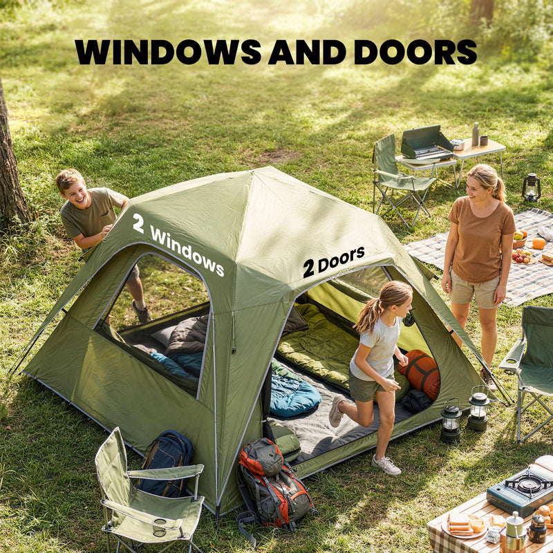Pop Up Family Tent for Quick Camping Setup Sleeps 3 to 4 Waterproof Green