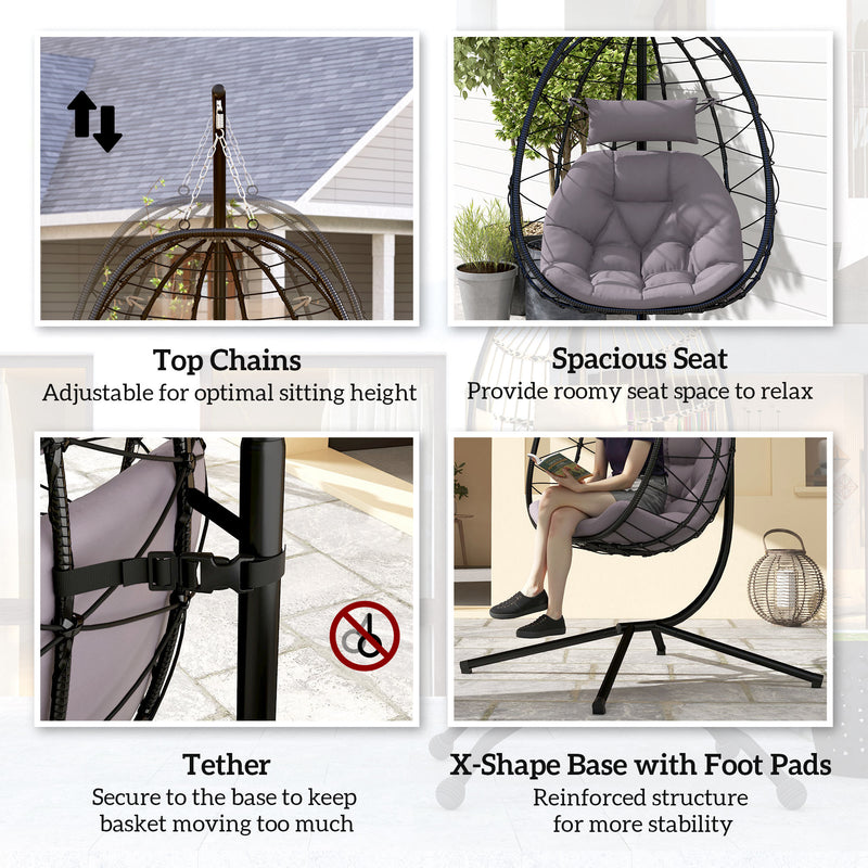 Grey Hanging Egg Chair with Stand and Cushion for Garden Patio and Balcony by Outsunny