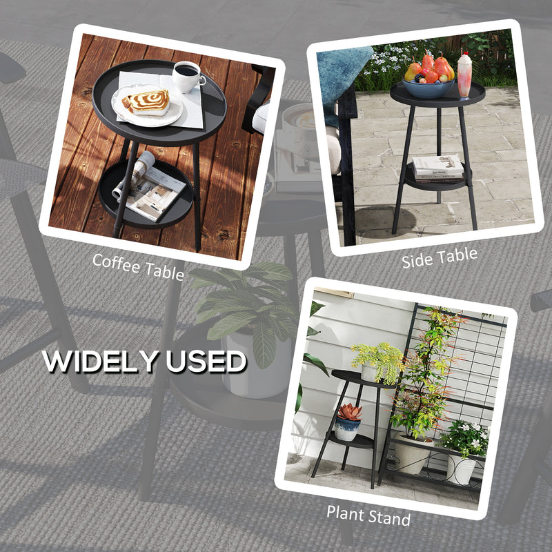 Black Round Metal Garden Side Table with 2 Tiers for Patio or Balcony by Outsunny