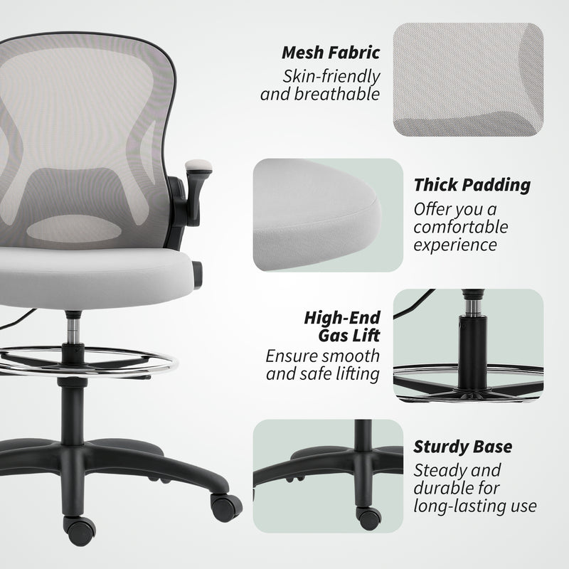Ergonomic Mesh Standing Desk Chair with Lumbar Support and Flip Up Arms Grey