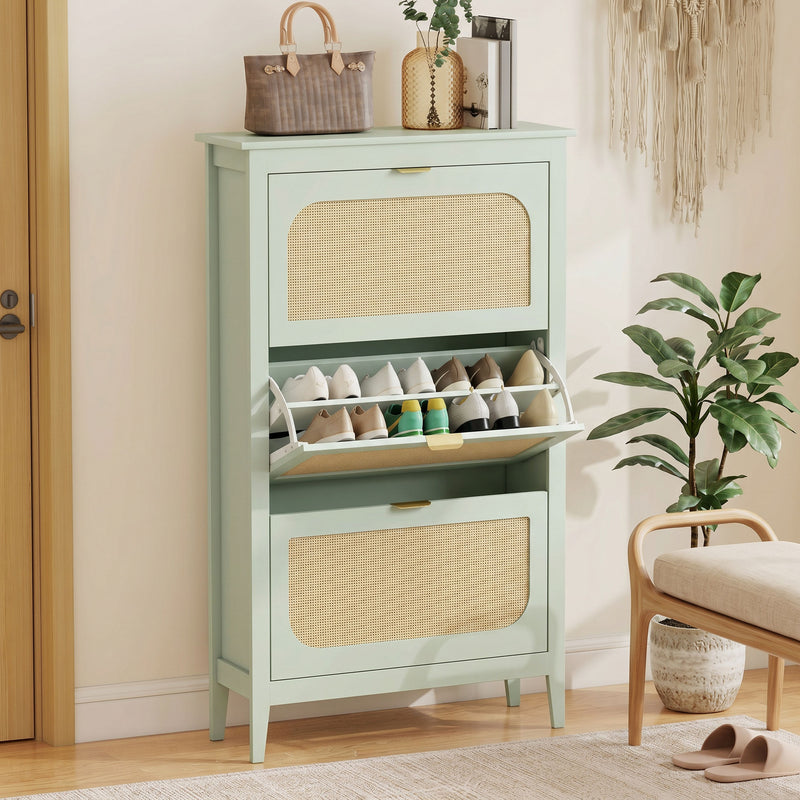 Slim Shoe Cabinet for Hallway Storage with 3 Flip Drawers and Adjustable Shelves Light Green