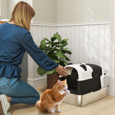 Extra Large Enclosed Stainless Steel Cat Litter Box With Scoop and Lid for Odour Control Black