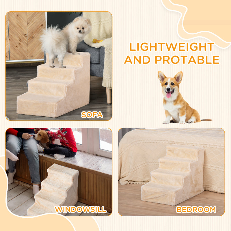Four Step Pet Stairs With Washable Cover For Small Dogs And Cats To Reach High Beds Beige