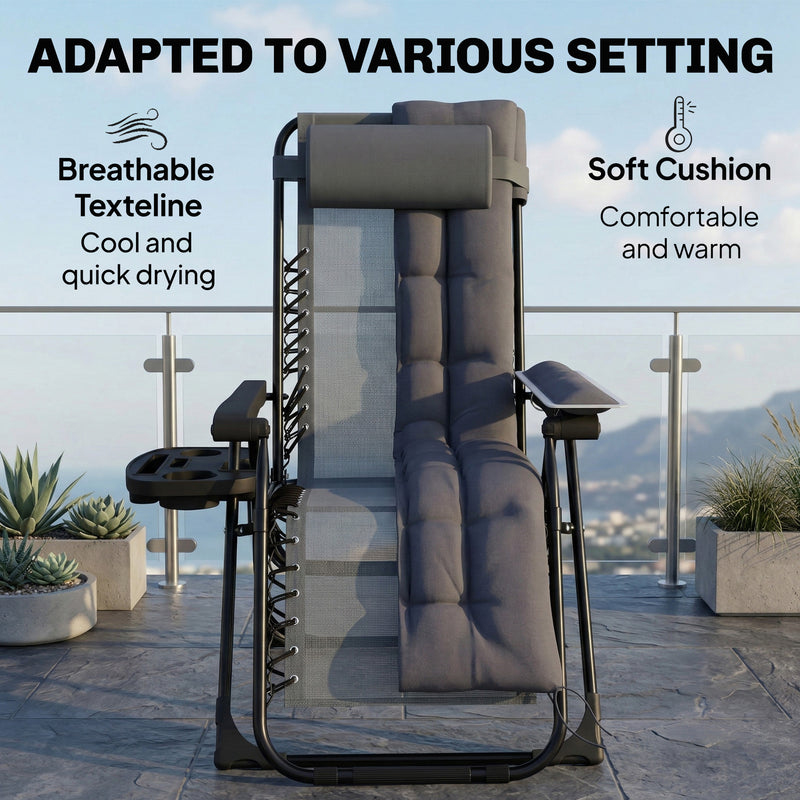 Zero Gravity Reclining Sun Lounger with Cushion and Side Tray for Garden Relaxation Dark Grey AOSOM