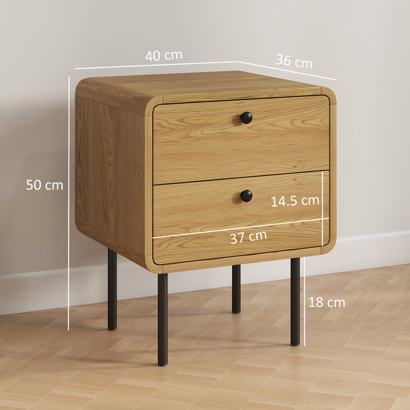 Bedside Table with Two Drawers and Steel Legs for Bedroom Storage Oak