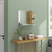 White Bathroom Mirror With Bamboo Frame And Storage Shelves For Modern Interiors