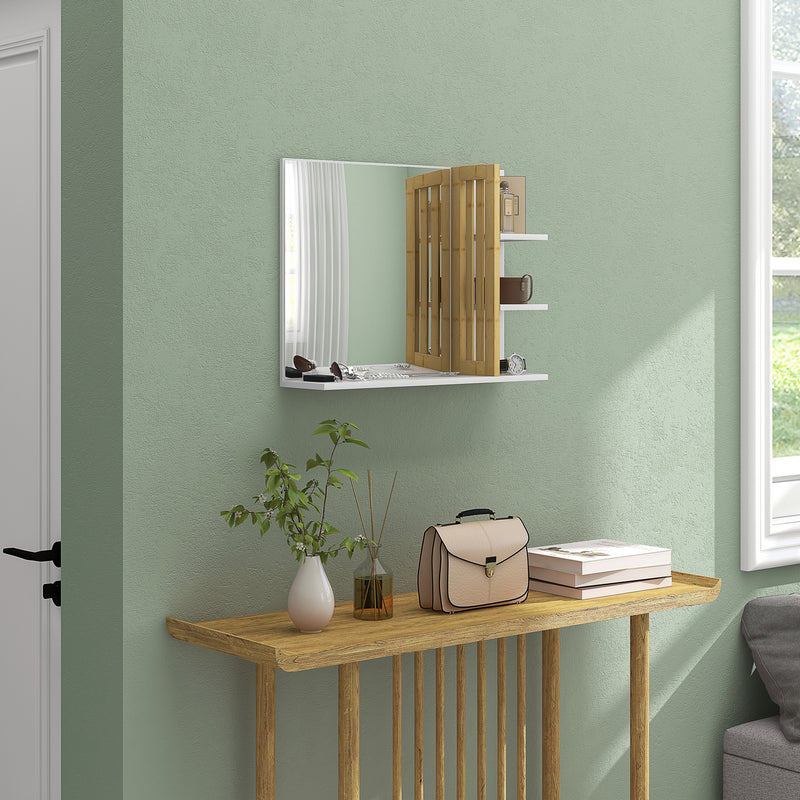 White Bathroom Mirror With Bamboo Frame And Storage Shelves For Modern Interiors