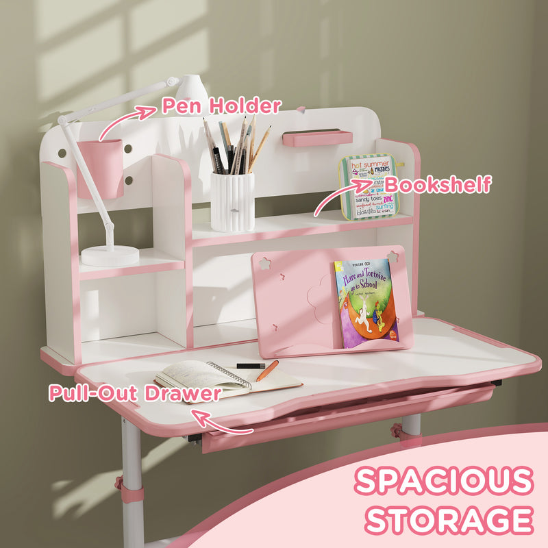 Height Adjustable Kids Desk and Chair Set with Tiltable Desktop and Reading Rack Pink by AIYAPLAY