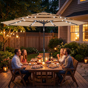 Garden Parasol with Solar LED Lights and Adjustable Shade for Outdoor Dining Khaki Outsunny