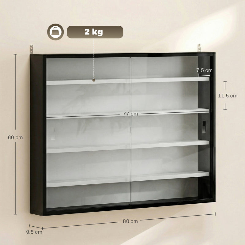 Wall Display Cabinet with Adjustable Shelves and Sliding Glass Doors for Ornaments Black AOSOM