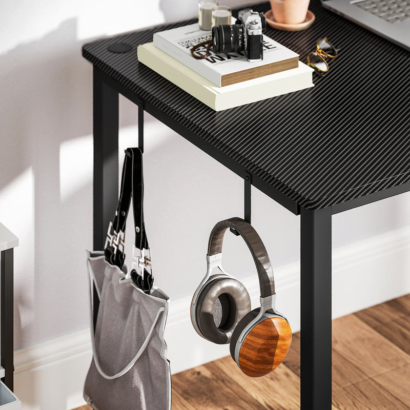 Black L Shaped Gaming Desk with Hooks Storage Bag and Cable Management