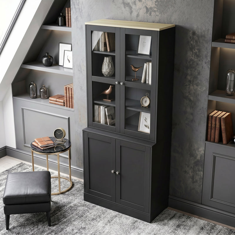 Tall Display Cabinet with Glass Doors and Hidden Storage for Organised Living or Dining Room Black
