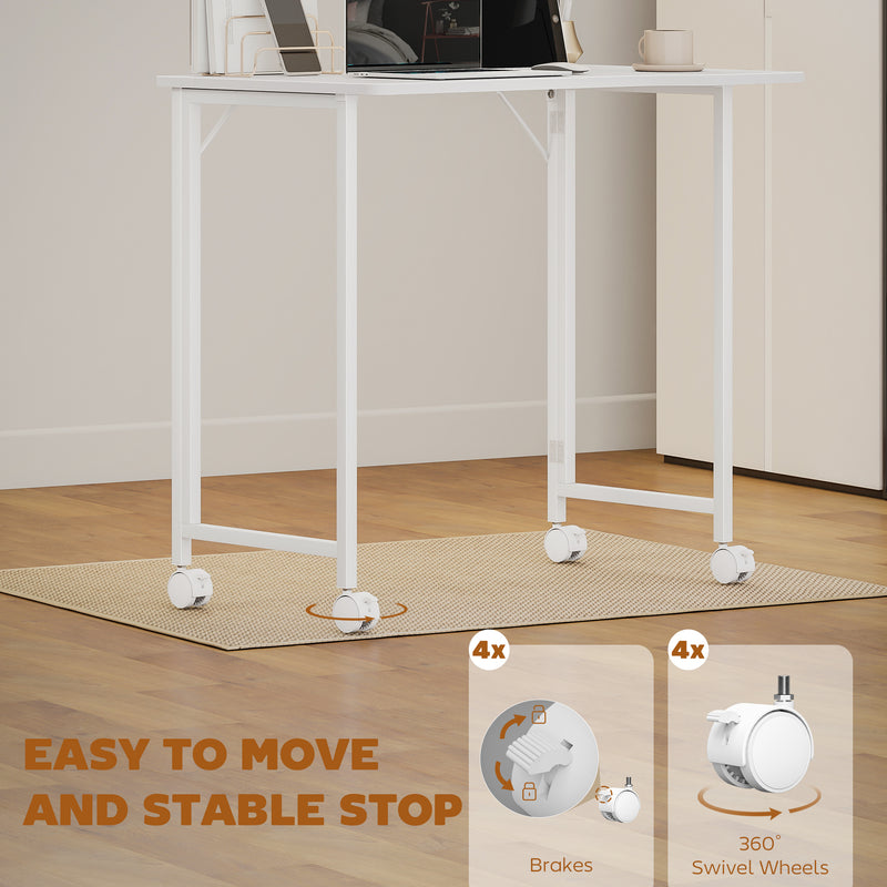 Compact Folding Desk on Wheels for Home Office or Study Space White Wood Effect AOSOM