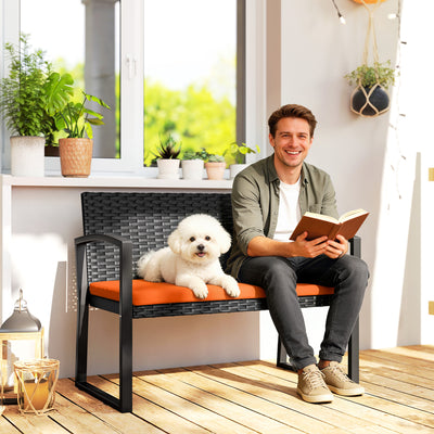 Rattan Garden Bench for Two with Padded Cushion and Steel Frame Black Outsunny