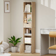 Tall Narrow 6 Tier Bookcase With Drawer And Door For Home Storage Natural Wood Finish AOSOM