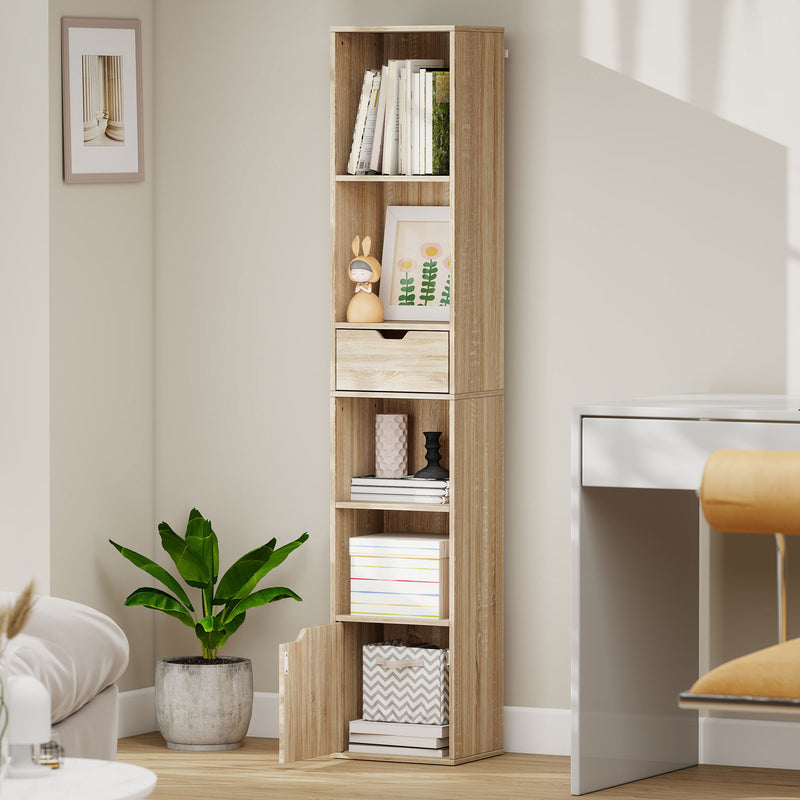 Tall Narrow 6 Tier Bookcase With Drawer And Door For Home Storage Natural Wood Finish AOSOM