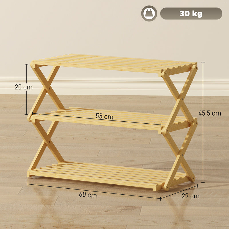 Three Tier Bamboo Shoe Rack Space Saving Foldable Storage Shelf Unit Natural Finish