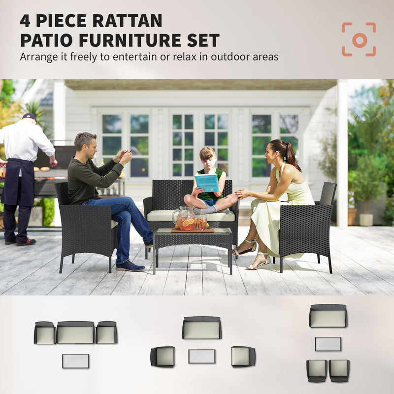 Rattan Garden Furniture Set for 4 with Cushions and Glass Coffee Table Cream White Outsunny