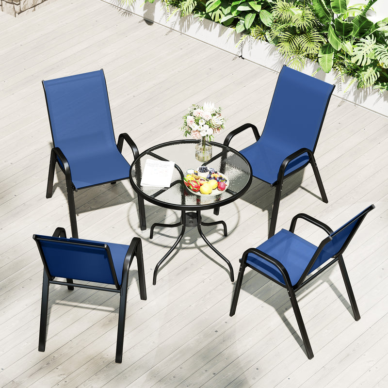 4 Seater Garden Furniture Set with Stackable Chairs and Easy Clean Round Glass Table for Outdoor Use Dark Blue Outsunny