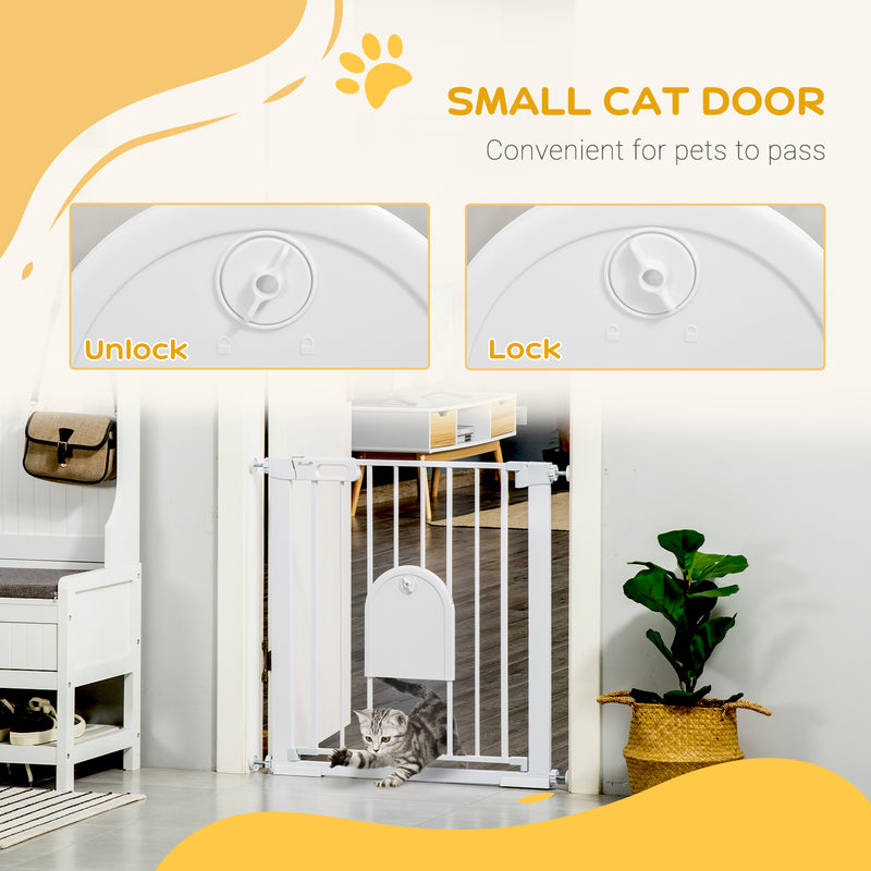 Pressure Fit Pet Safety Gate with Cat Flap and Double Lock For Stairs and Doorways White