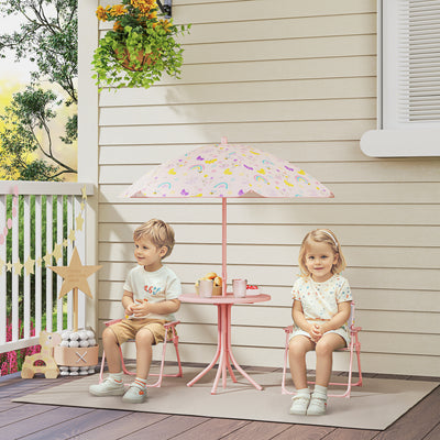 Kids Garden Table and Chair Set with Adjustable Parasol Rainbow Design 4pc Pink by AIYAPLAY Aiyaplay