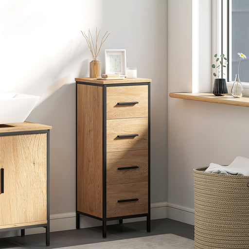 Slim Oak Bathroom Storage Cabinet With 4 Drawers For Organising Toiletries