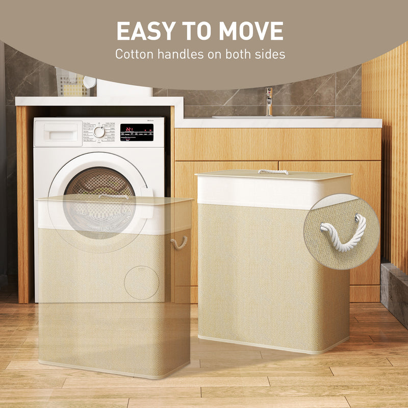 Cream 100L Double Laundry Basket with Lid and Removable Liner for Bathroom