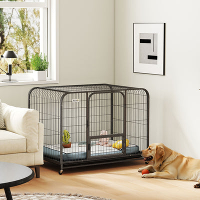 Heavy Duty Steel Dog Crate for Large Breeds with Easy Access and Lockable Wheels Black Pawhut