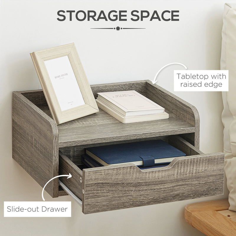 Set of 2 Wall Mounted Bedside Tables With Storage Drawer Space Saving Design Grey