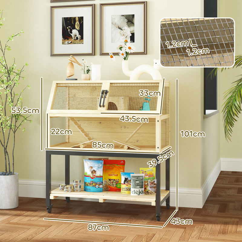 Wooden Indoor Hamster Cage with Storage Shelf Wheels Ramps Water Bottle Hut and Seesaws by PawHut
