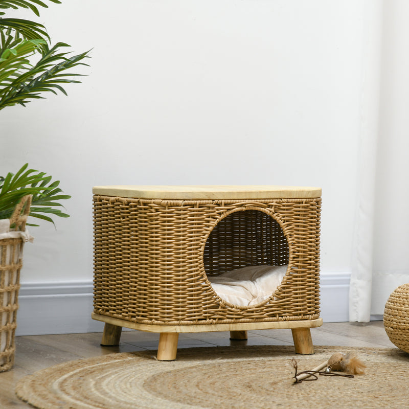 Elevated Wicker Cat House with Soft Washable Cushion Ideal for Indoor Use, Light Brown