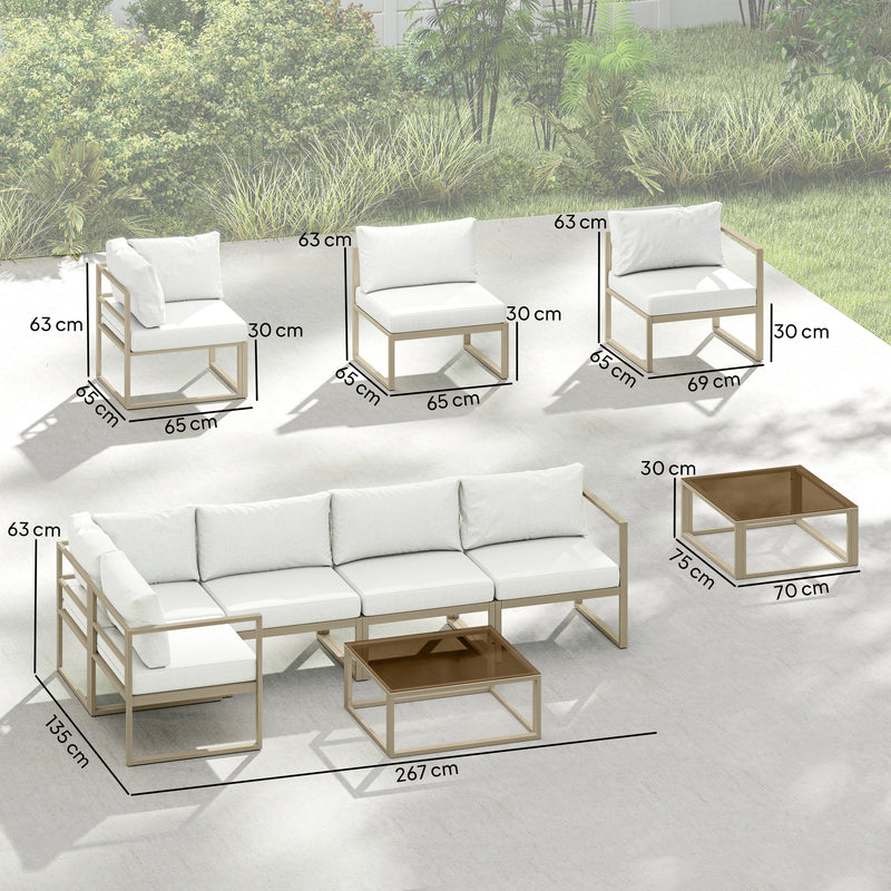 Garden Sofa Set with Gold Metal Frames Thick White Cushions and Coffee Table for Flexible Outdoor Seating