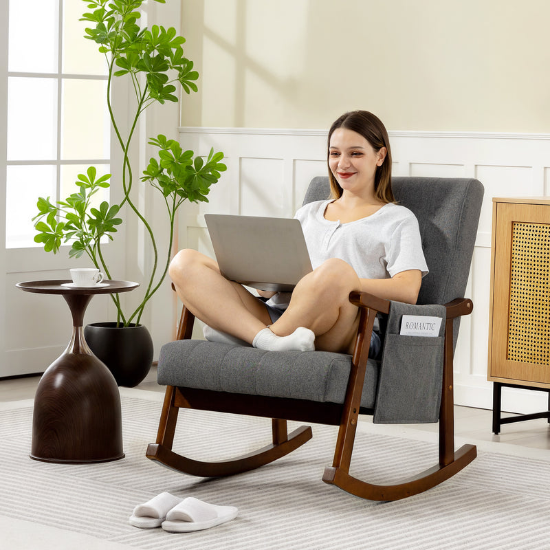 Wooden Frame Rocking Accent Chair With Padded Seat For Living Room Comfort, Grey