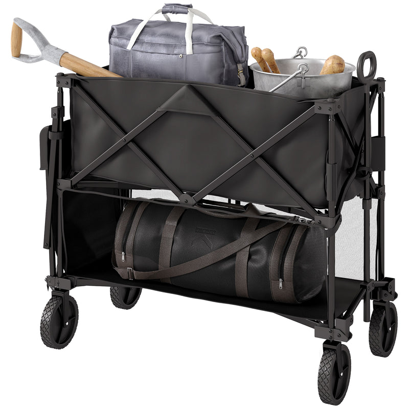 Black Double Decker Folding Trolley Wagon 200kg Load 350L Capacity for Camping and Beach