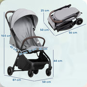 Foldable Baby Stroller with Adjustable Recline and Storage Basket Lightweight Light Grey AOSOM