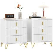Set of 2 Three Drawer Chests with Elegant Design for Bedroom Storage White Gold Tone