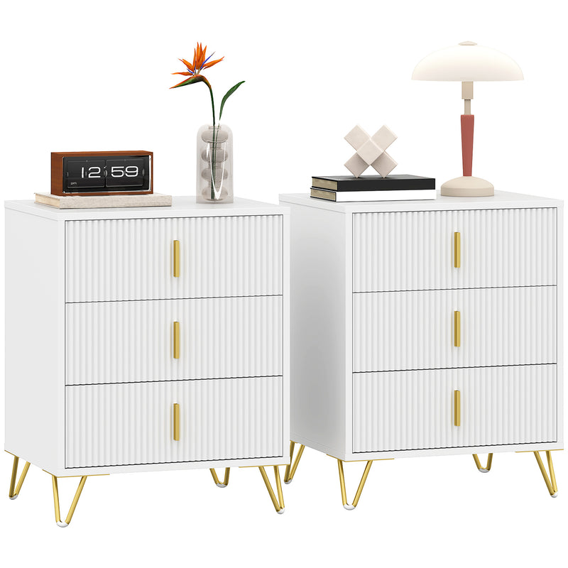 Set of 2 Three Drawer Chests with Elegant Design for Bedroom Storage White Gold Tone