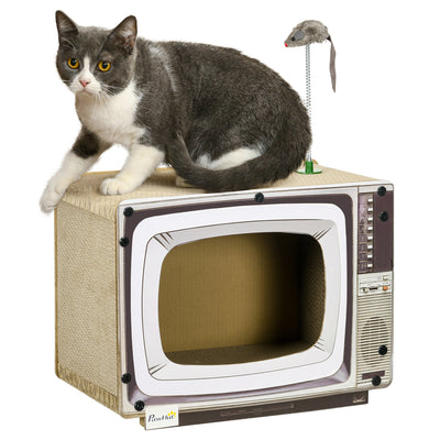 TV Shaped Cat Scratching Board with Catnip and Toy Rat for Indoor Cats Grey